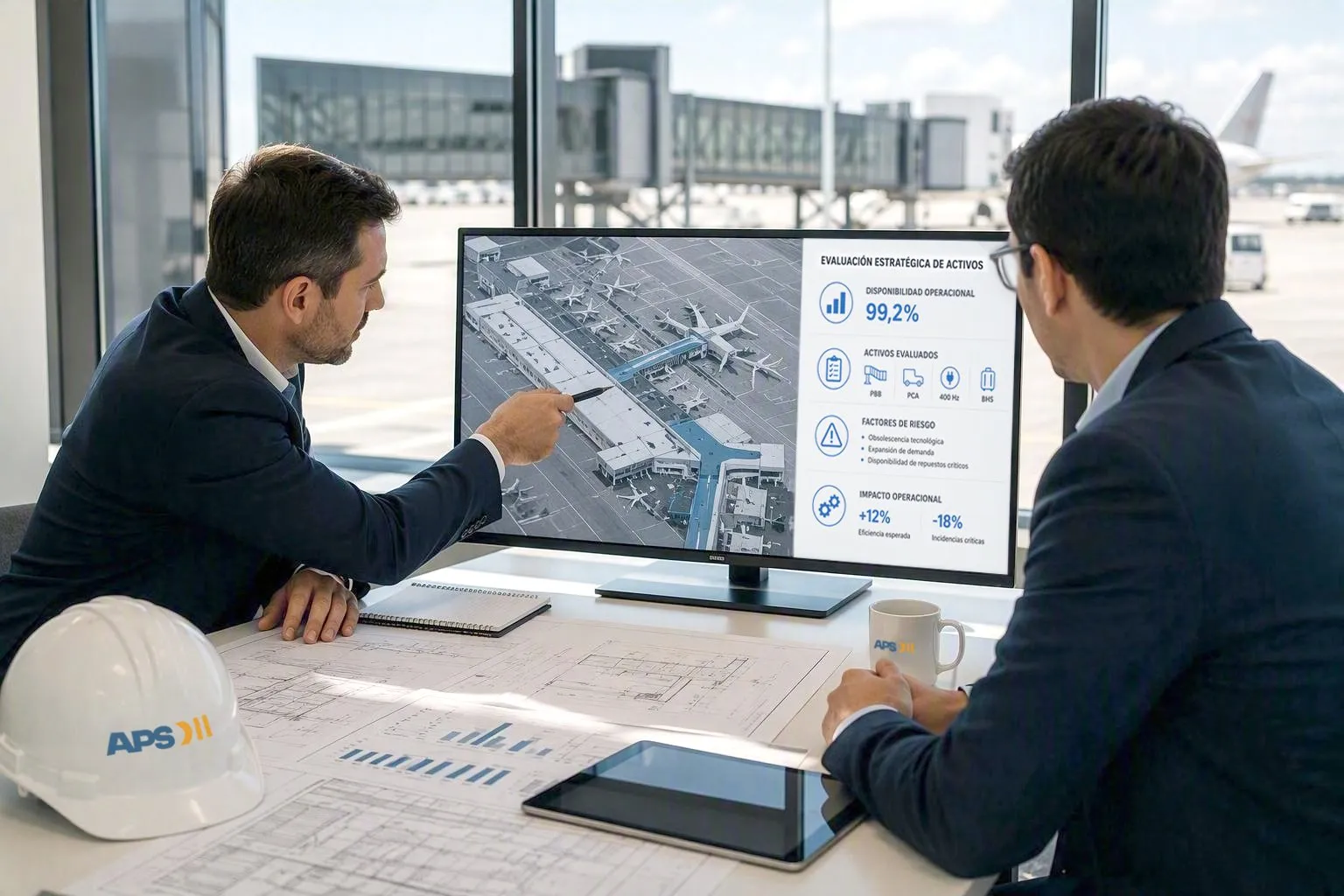Dos consultores de APS LATAM analizando datos de operación aeroportuaria en pantalla