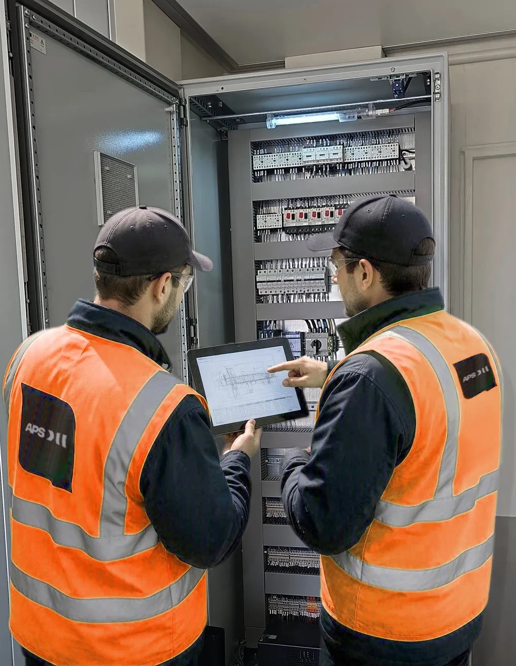 Dos especialistas de APS LATAM revisando un tablero de control con una tablet