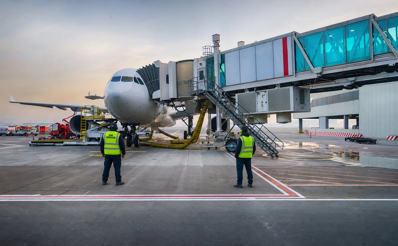 Equipos aeroportuarios críticos en plataforma: GPU, escalera móvil y cinta transportadora atendiendo una aeronave en una terminal moderna.