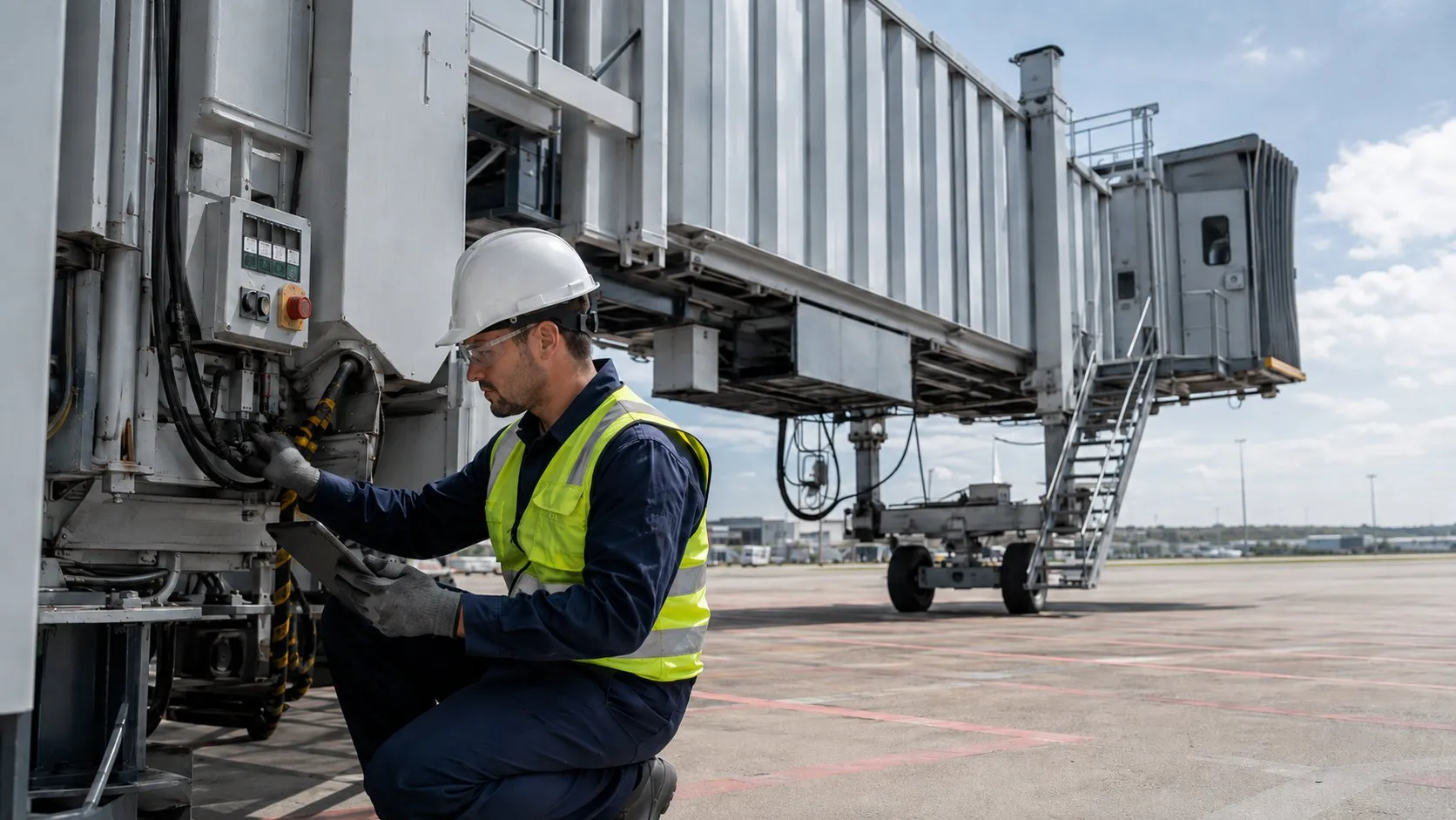 Técnico realizando mantenimiento preventivo en equipo aeroportuario para proteger la continuidad operacional.