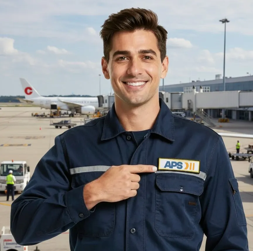 Técnico de APS LATAM en uniforme, en la plataforma de un aeropuerto